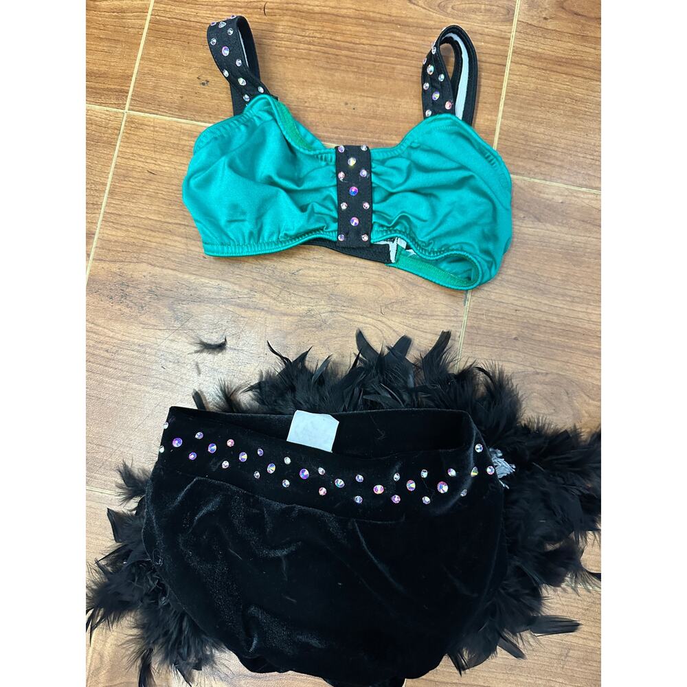 Dance 2pc Costume Kelle Large Child Green 2pc Feathers Jazz Stones